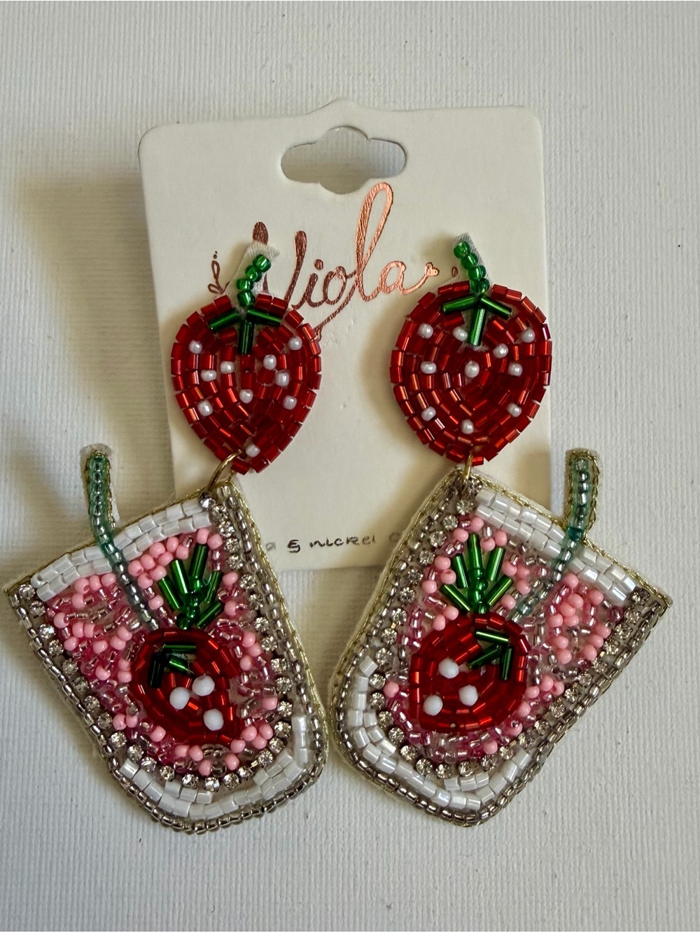 NEW Pink & Red Beaded Strawberry Drink Dangle Boho Earrings ♥️